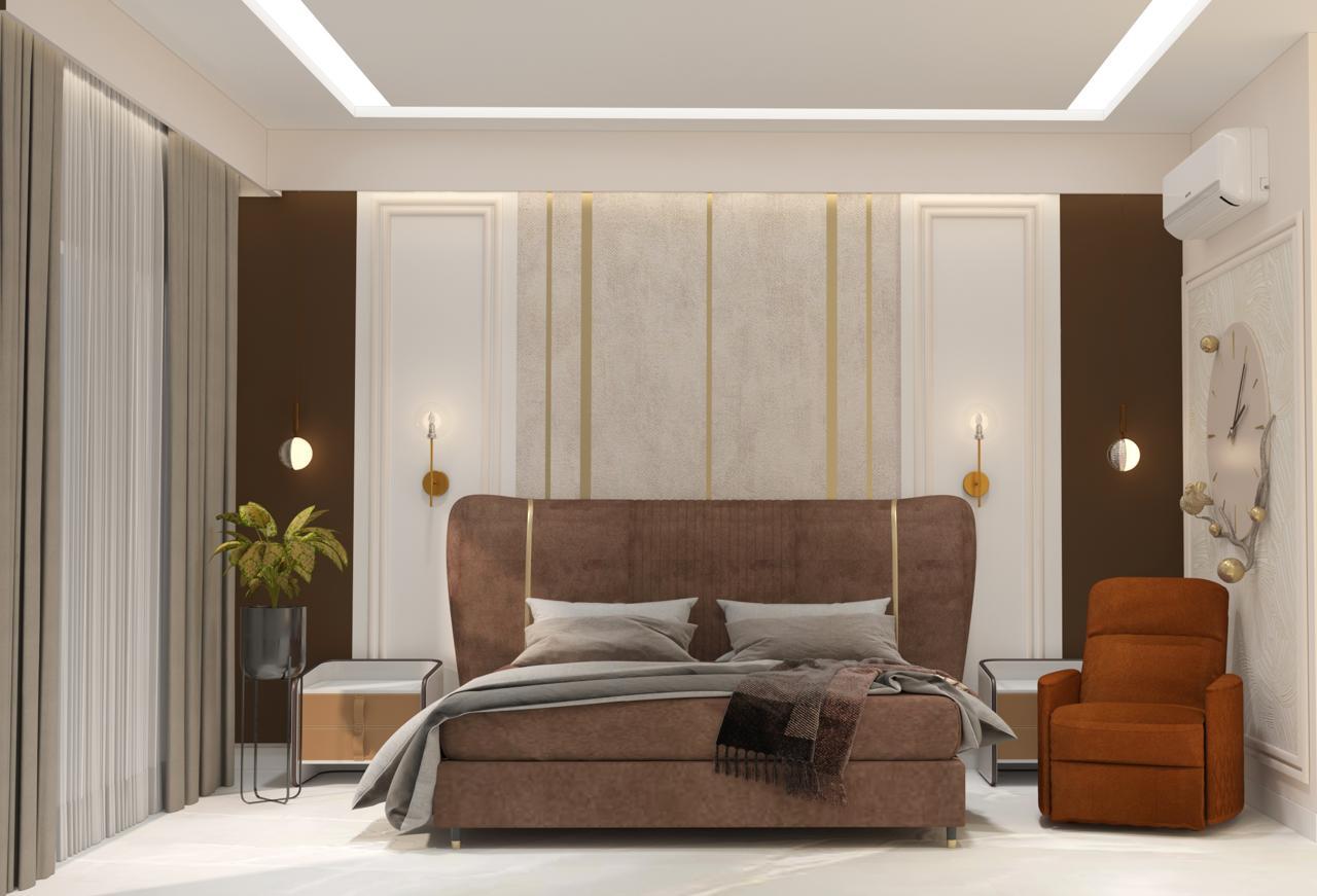 Master bedroom with velvet headboard