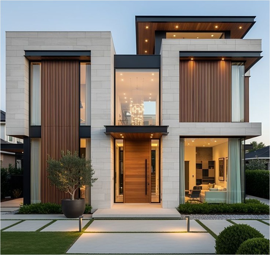 Contemporary villa facade with stone cladding and wooden louvres