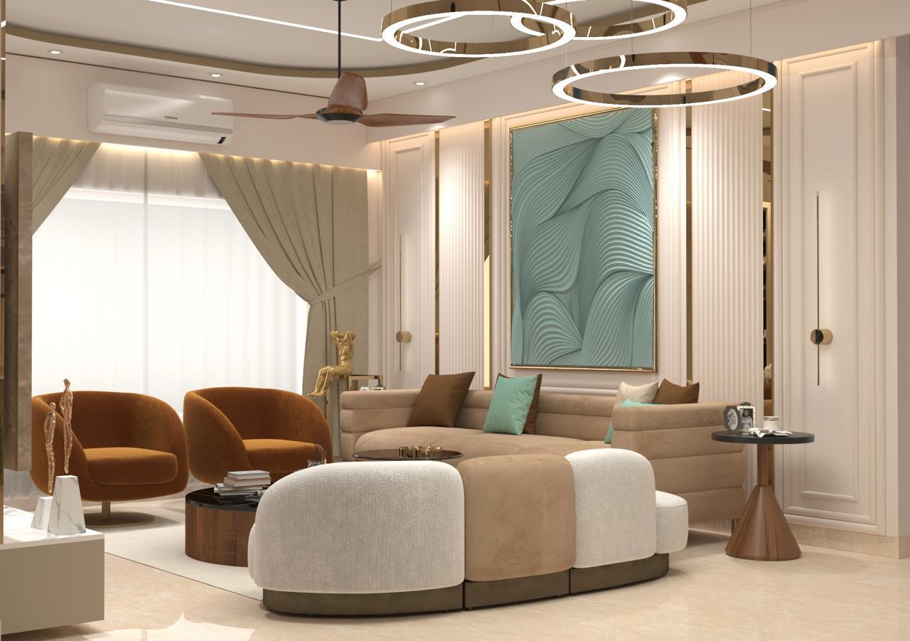 Luxury living room with sculpted wall art and gold ring chandeliers