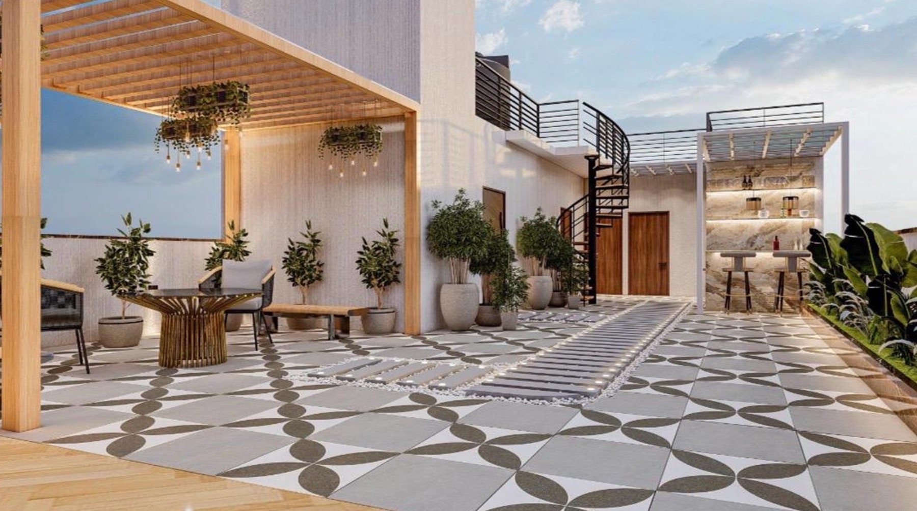 Rooftop terrace with pergola, planters and a stone bar